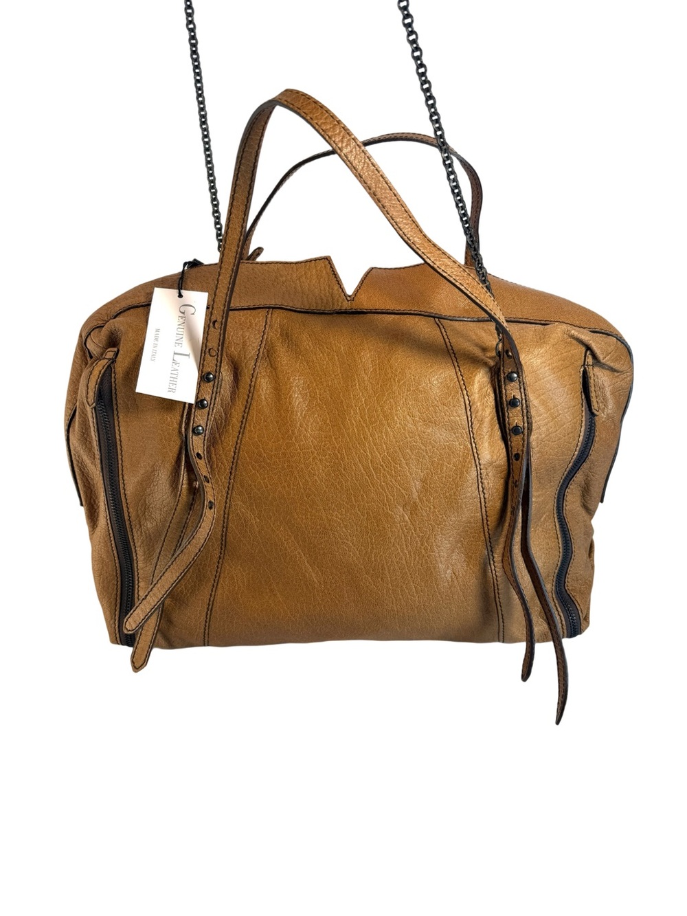 Falor Genuine Leather Tan Tote with Chain Detail